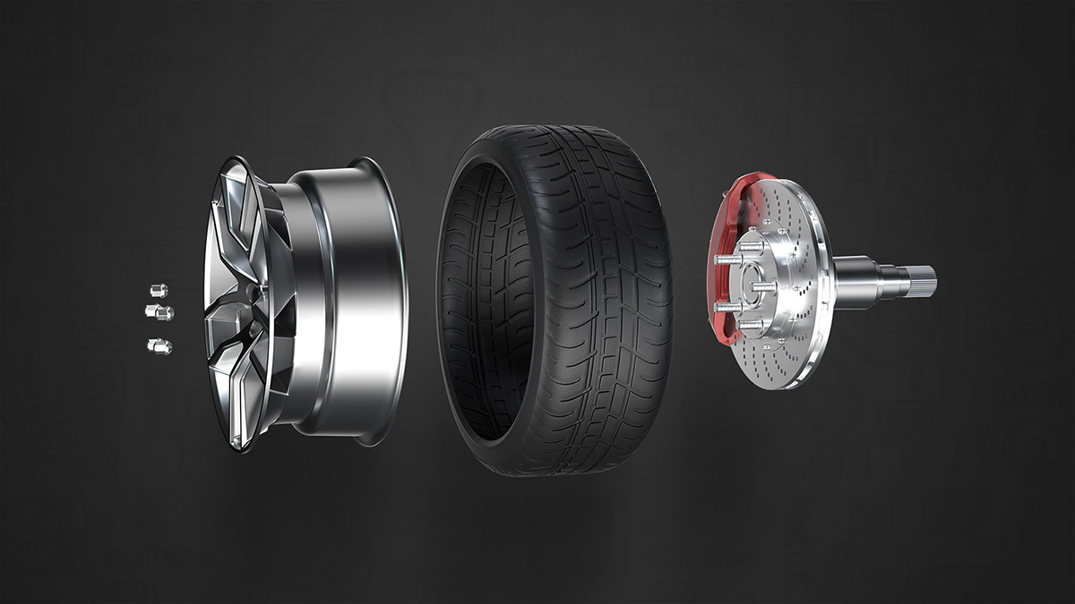 Car Tire Brake Assembly - 3D Exploded View Example - 3D Rendered Exploded View Services __